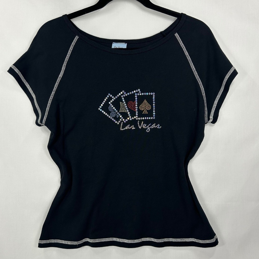 Vintage Y2K Big Bang USA Las Vegas Rhinestone Card Top Black Contrast Stitch Tee
